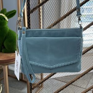 HOBO Sky Blue Leather Crossbody Wristlet with Whipstitch Detail